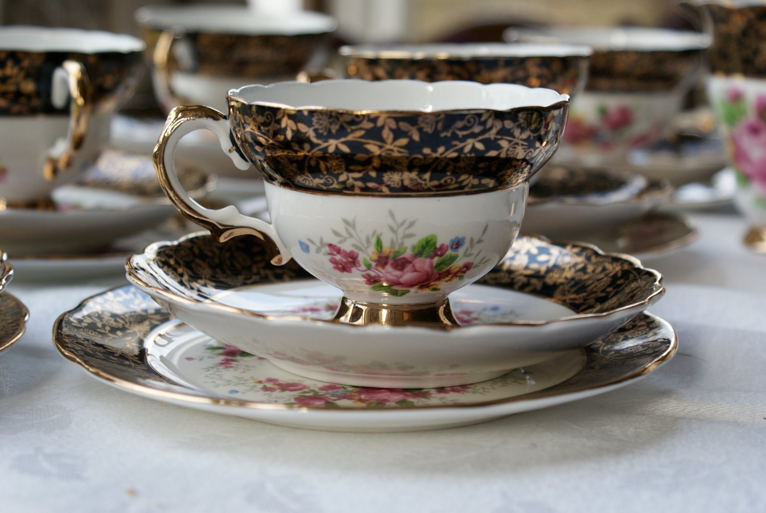 21 piece black gold floral china tea set by teresamarymurphy