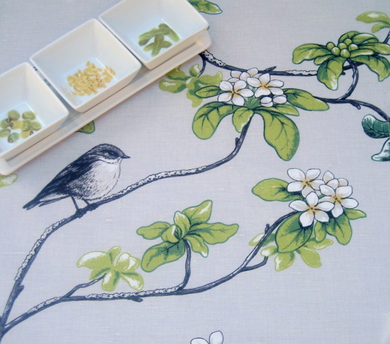 Linen table runner. Birds print grey and green floral. - KatysHomeDesigns
