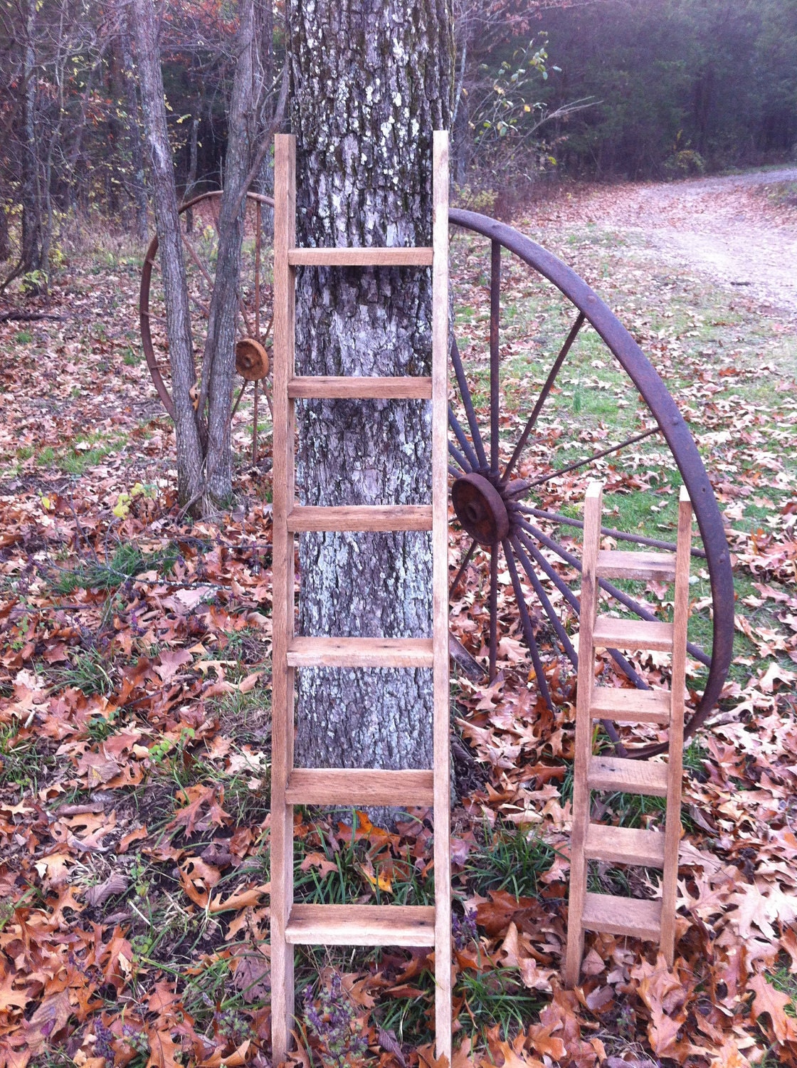 Decorative Ladder -wall shelf 5' 4"T, 3"D, and 12"W Solid Oak Custom Medium Rustic Reclaimed Barn Wood