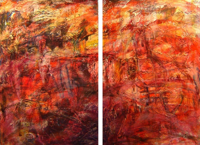 Storm I (Burnin' For You), set of two (abstract expressionist painting, red, yellow, black)