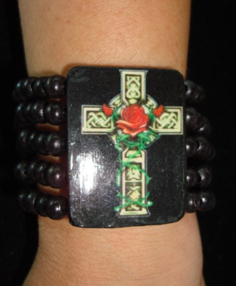 Handmade and unique Cross tattoo like black beaded bracelet / cuff