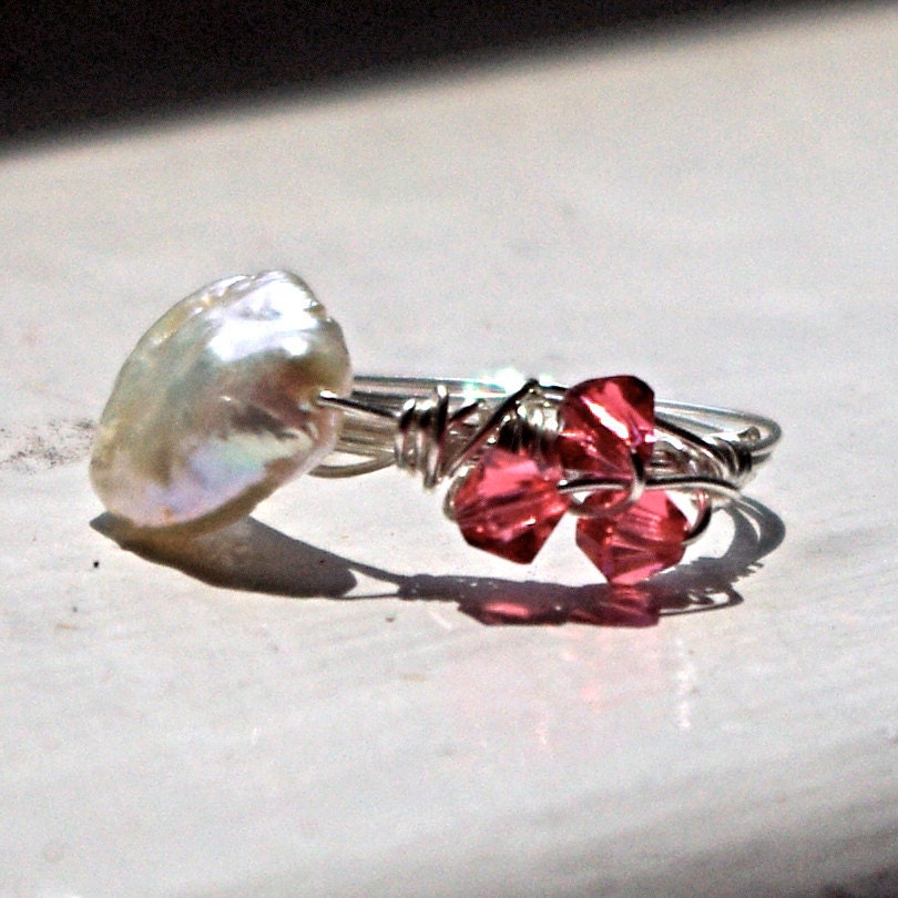Coin Button Pearl Ring, Silver Wire Wrapped Watermelon Swarovski Crystal Ring