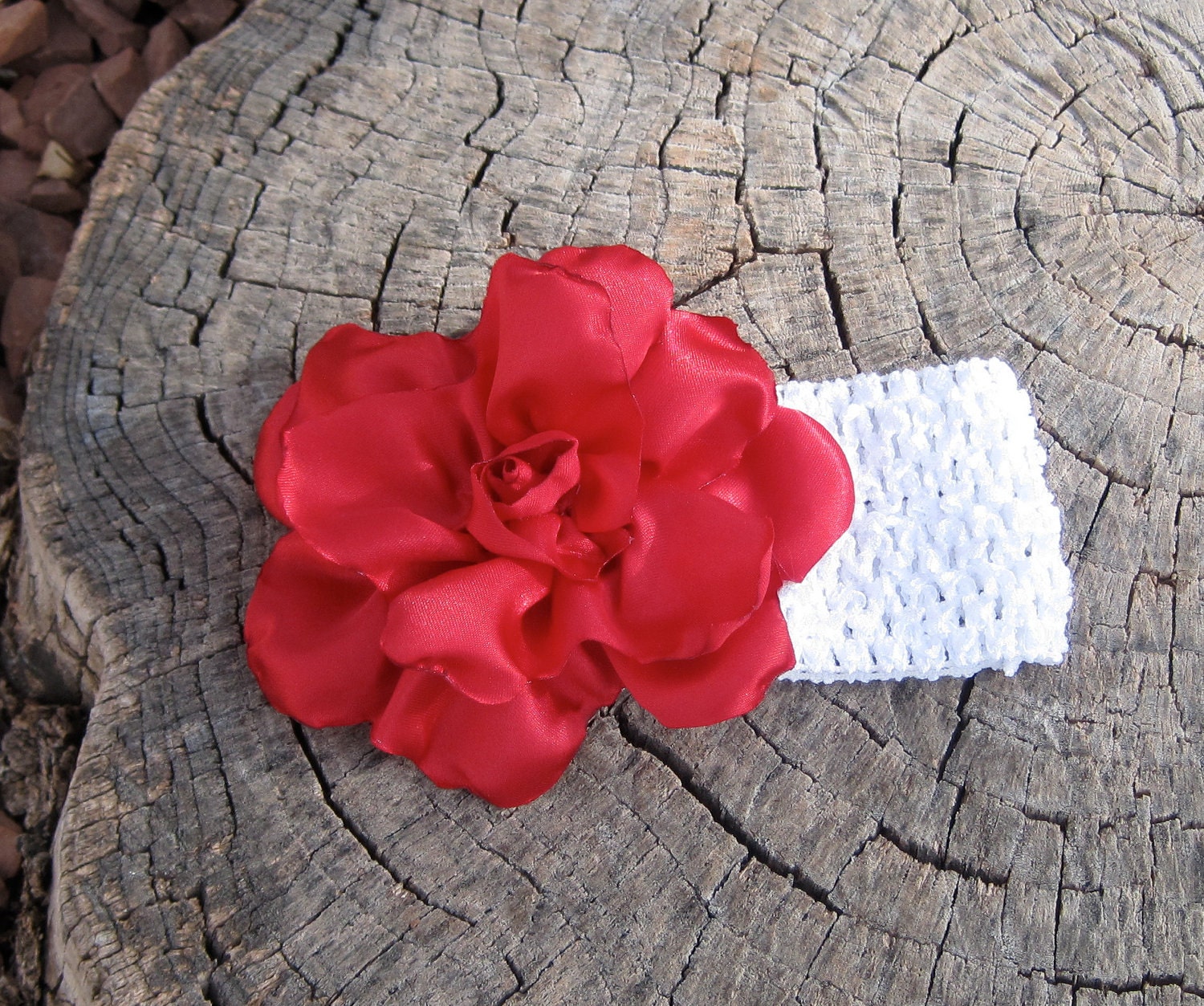 Toddler Baby White Waffle Headband with a  Beautiful Red Satin  Rose