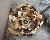 Fabric FLOWER PIN/Brooch  Hair Clip Multi Brown with Vintage Rhinestone Button Accent - theraggedyrose