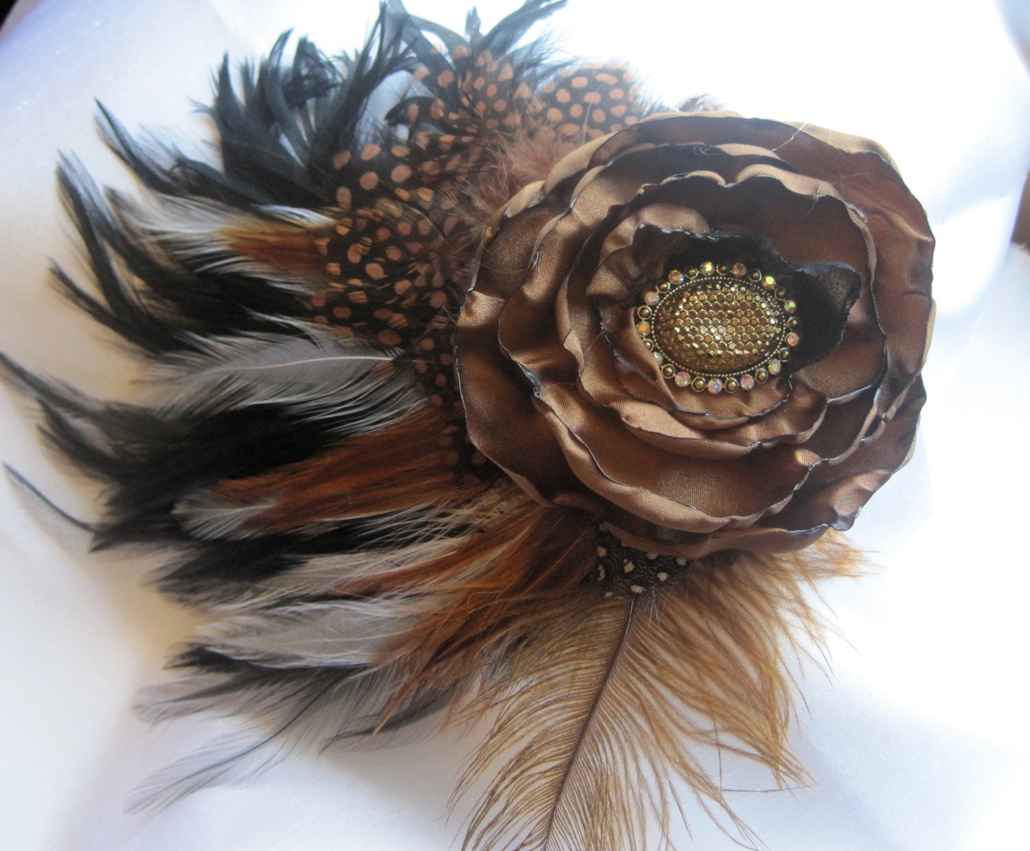 Feather Flower Fascinator with Chocolate Brown Satin Flower and Gorgeous Gold and Rhinestone Accent - theraggedyrose