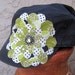 Sale.......Cadet Military distressed Black hat  with  LIme Green and Black Fabric Petal Flower and Vintage Rhinestone Accent