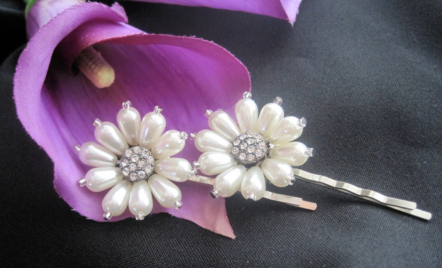 Bridal Accessory Pearl and Rhinestone Flower Hair Pins Set of Two  for Bride, Bridesmaids, Mother of the Bride, Prom
