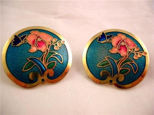 Sale Gold Cloisonne Enamel blue Flower Butterfly Pierced Earrings Vintage Circa 1940's 'WA Street Team'