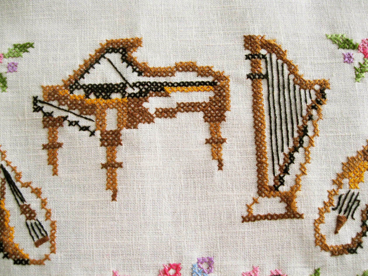 Items Similar To Music Themed Cross Stitch Sampler   Piano, Harp, Cello 