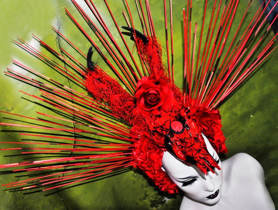 SALE Sci- Fi Cyber Futuristic gaga Red black rose stone fringe goth vampire burning man lolita wearable art Fantasy headdress headpeice wig