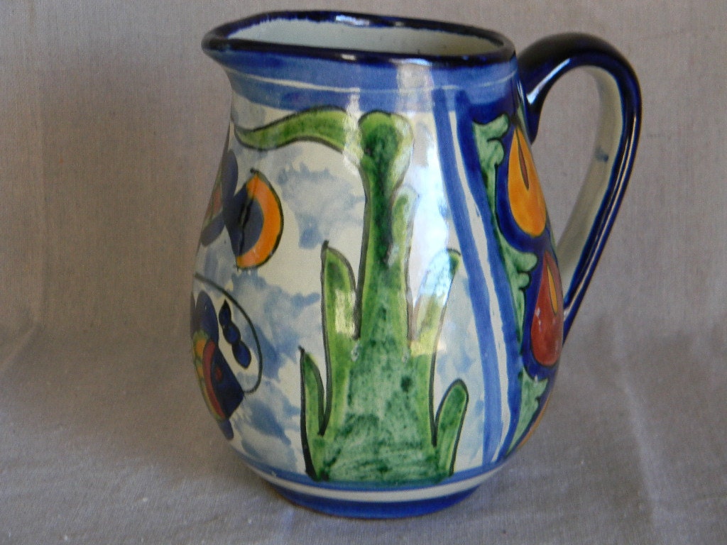 Vintage Talavera Pottery Pitcher Hand Painted Mexico Blue Orange Home Decor
