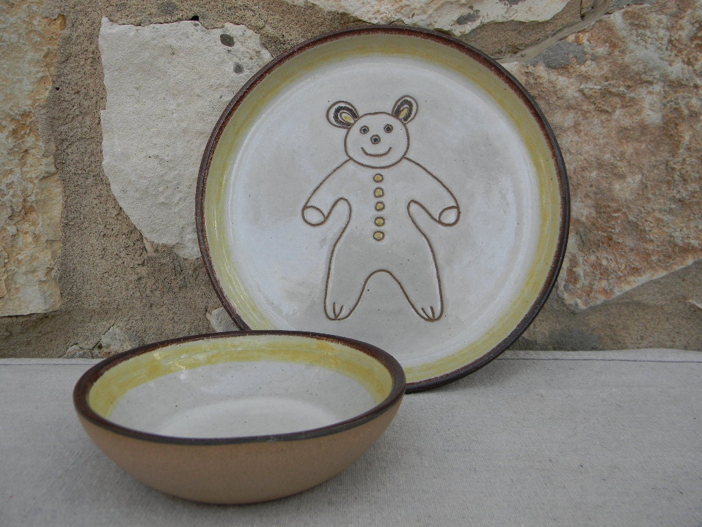 Vintage Mid Century Martz- Marshall Studios Pottery Childs Set Bear Dinnerware