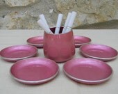 Vintage Mid Century Modern Cigarette Set Emalox Norway Pink Enameled Aluminum