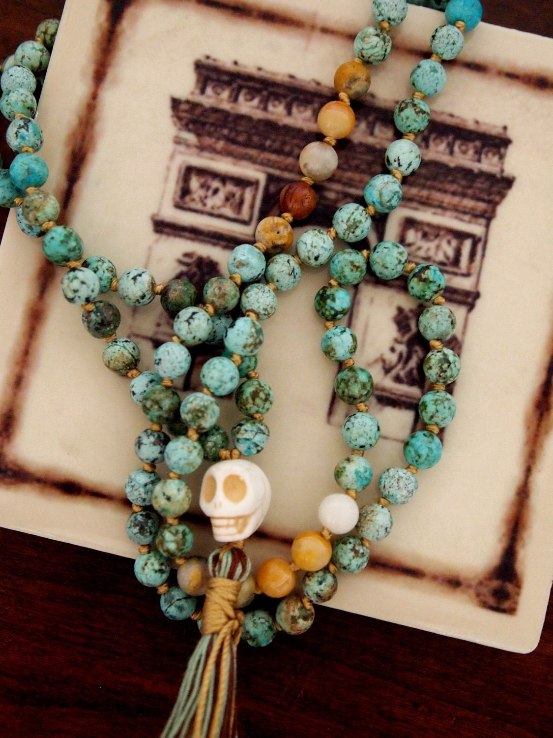 6mm African Turquoise with Old Crazy Lace Agate Knotted Mala Beads - Yoga Prayer Beads