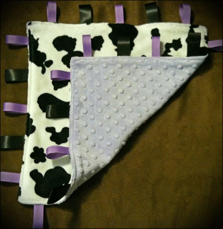 Minky lovey lavender purple tag blanket with cow print