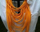 Upcycled YELLOW t-shirt infinity scarf with a yellow & white rolled rosette pin
