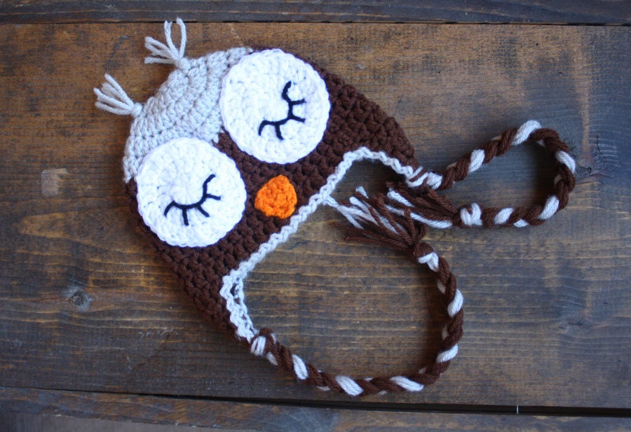 Children's Sleepy Owl Brown and Grey Boy or Girl Earflap Crochet Hat