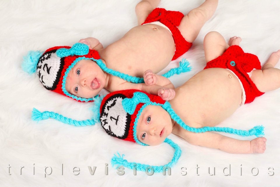 Newborn Twins Thing 1 and Thing 2 Dr. Seuss Cat In The Hat Boys or Girls Red and Blue Crochet Hats and Diaper Covers Photo Prop Set