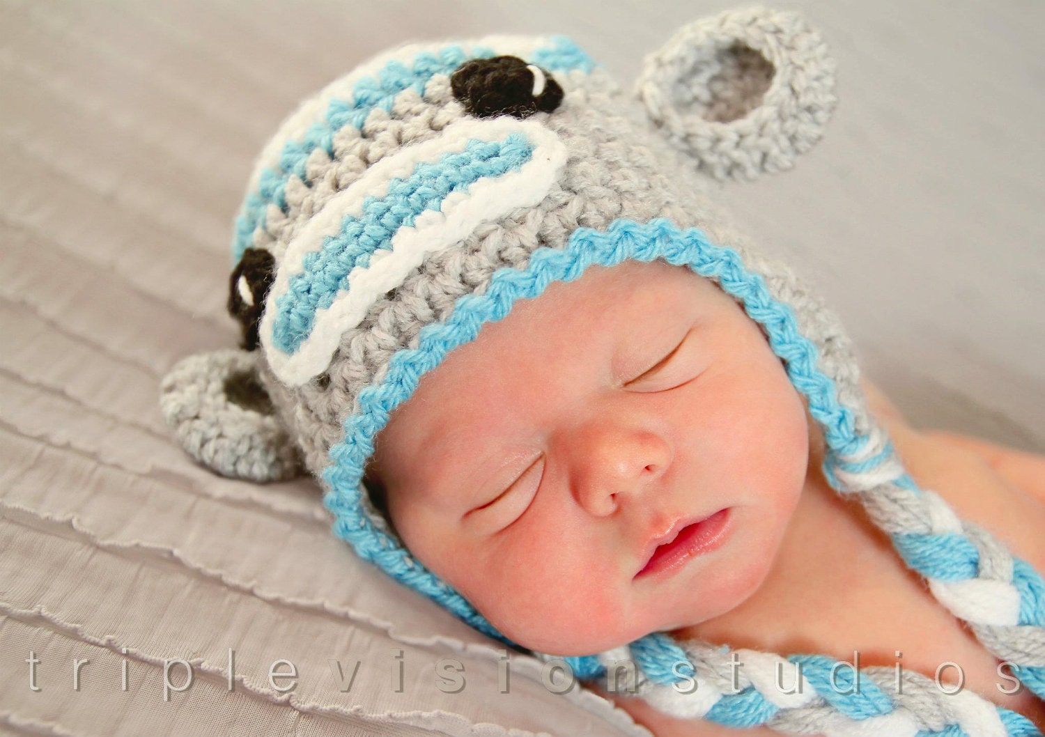 Children's Sock Monkey Blue and Grey Earflap Boys Crochet Hat