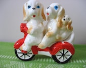 Dog Family on Tricycle Scooter Motorcycle Salt & Pepper Shakers Cocker Spaniels Made in Japan