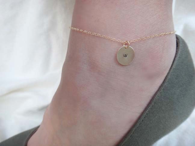 Custom engraved initial charm anklet on gold filled disc