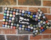 Man Cave Sign Beer Bottle Caps Mosaic with Melted Beer Bottle