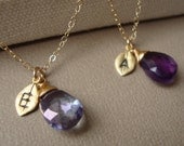 Set of Two Bridesmaids Necklaces &Stone and Initial - Lovely Gift, Bridal Party, Stamped Leaf, maid of honor, wedding jewelry