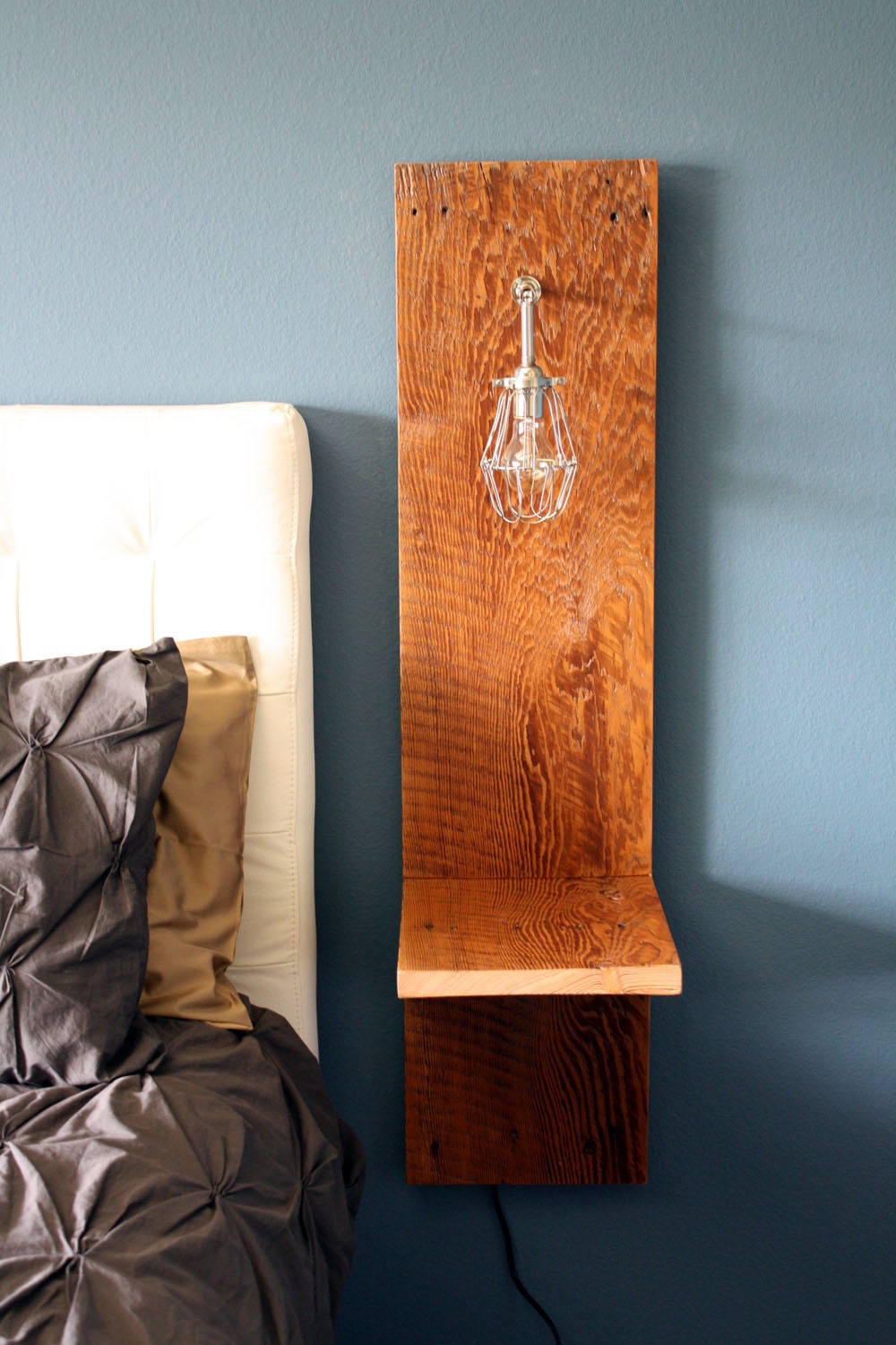 Wall Mounted Nighstand // Reclaimed Wood // Industrial Cage Lamp // Recycled Barn Wood // Rustic End Table // Rustic Side Table