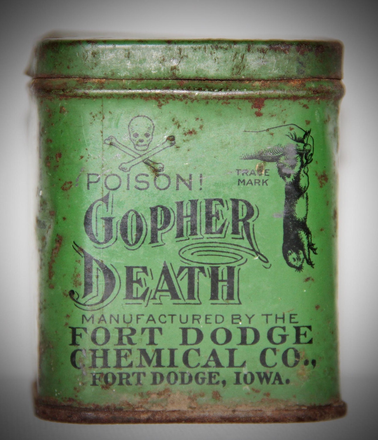 1925 Antique Gopher Death Poison Tin Skull and Crossbones Green Rust