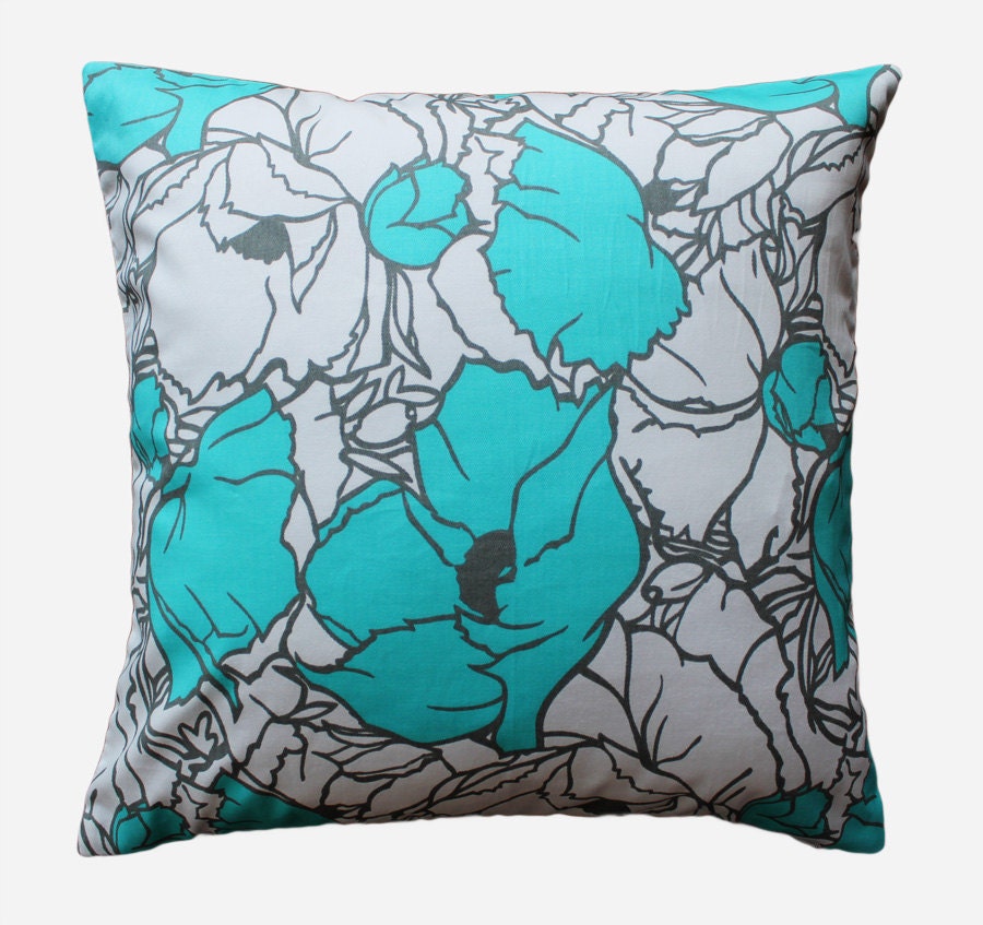 Turquoise Teal Vintage Floral Pillow Cover - 18 x 18 Decorative Pillow Cover