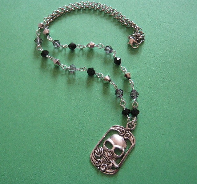 One Dark Night Tibetan Silver Skull Motif and Glass Bead Necklace Set
