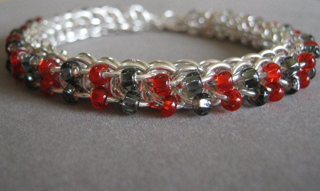 March of the Lady Bugs - Chunk Maille Red and Black Silver Lined Czech Glass Bead Bracelet