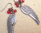 Ruby Red Wings Earrings Detroit Dark Silver with Beads