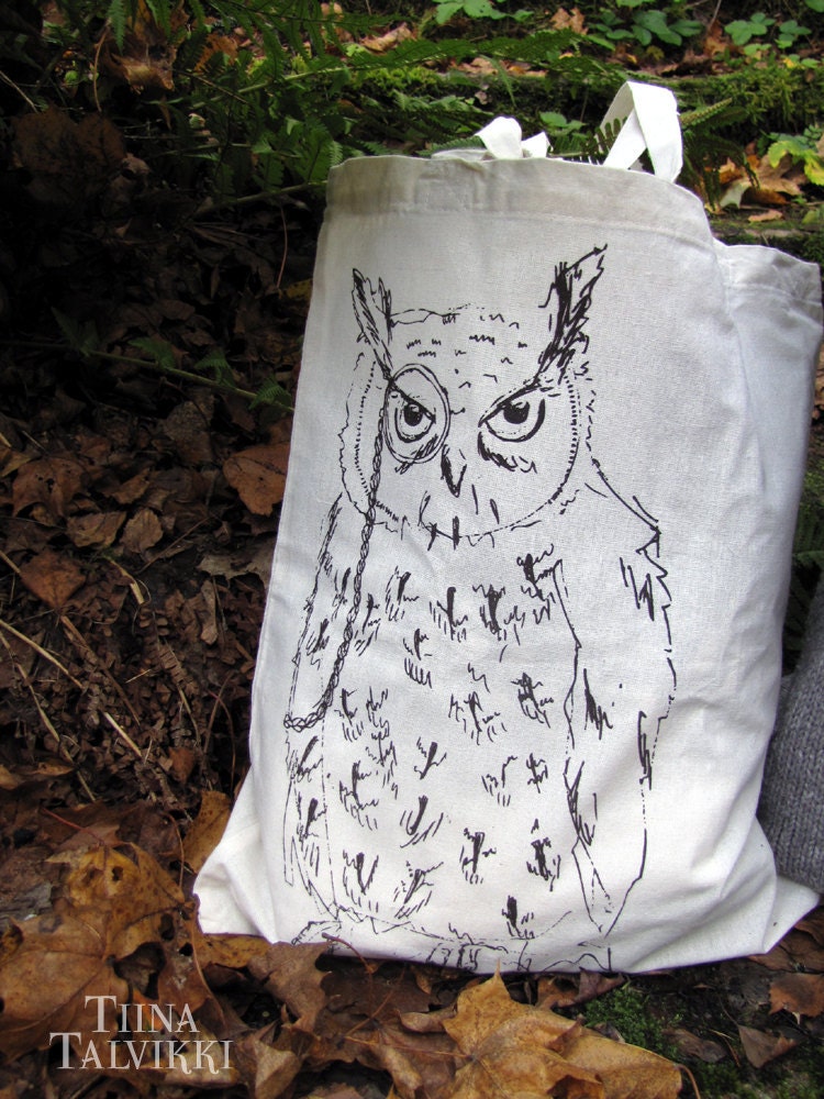 Tote Bag "Huuhkain" (Owl and a Monocle) (mori girl, tote, long shoulder straps, brown screenprint, bird) for forest girls and woodland boys