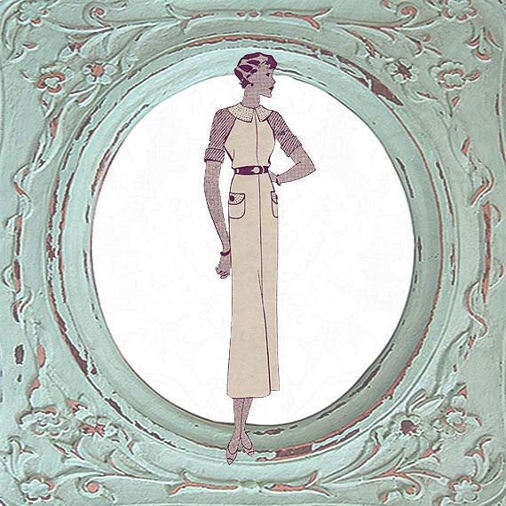 1930s Vintage Pattern Apron Dress B36 B38 Paris French Sz 44 L