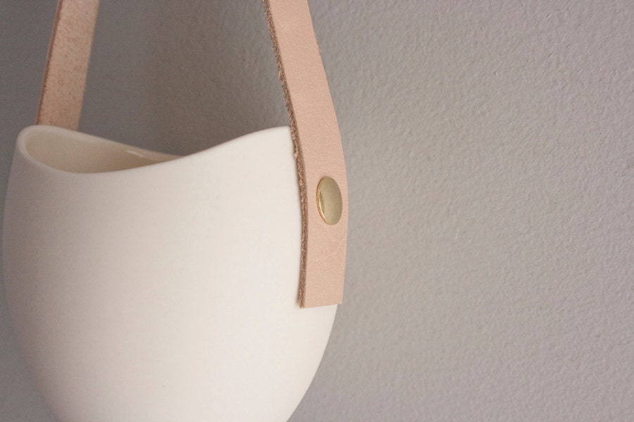 Porcelain and tan leather hanging planter
