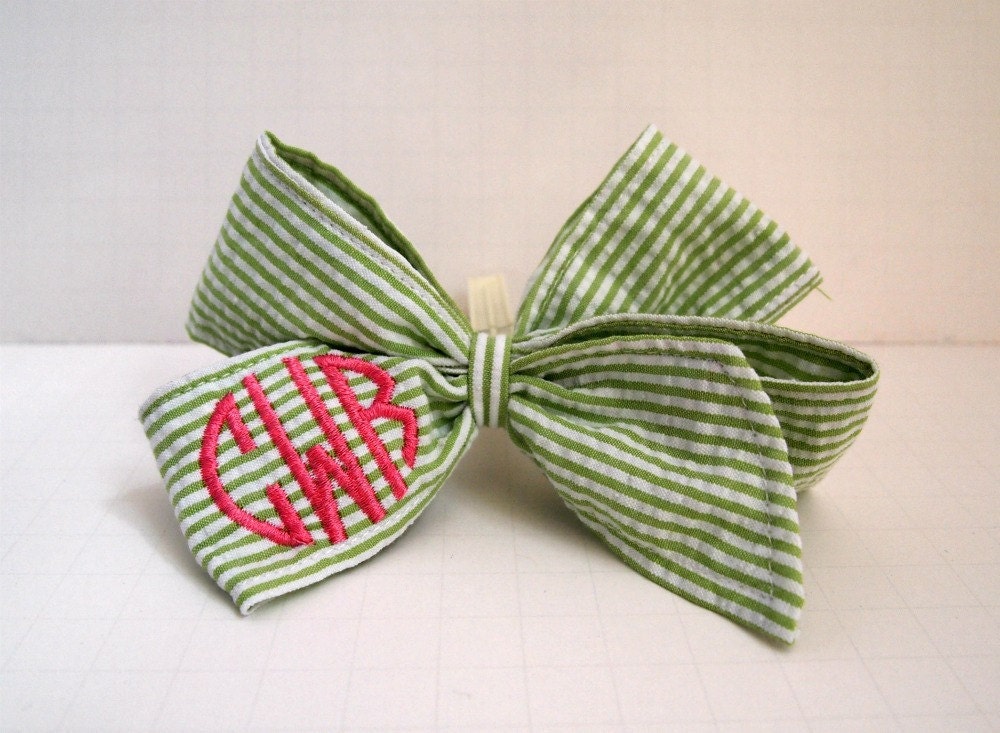Lime Green Seersucker Embroidered Bow