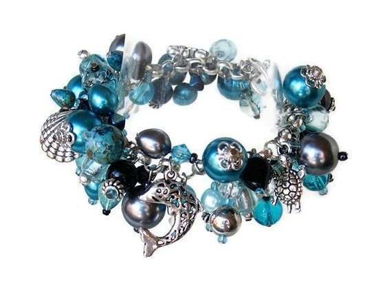 Teal charm bracelet silver emerald charms beaded handmade