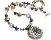 Silver flower long beaded necklace handmade