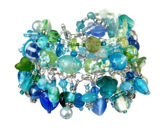 Aqua beaded charm bracelet handmade 'Azure Blue'