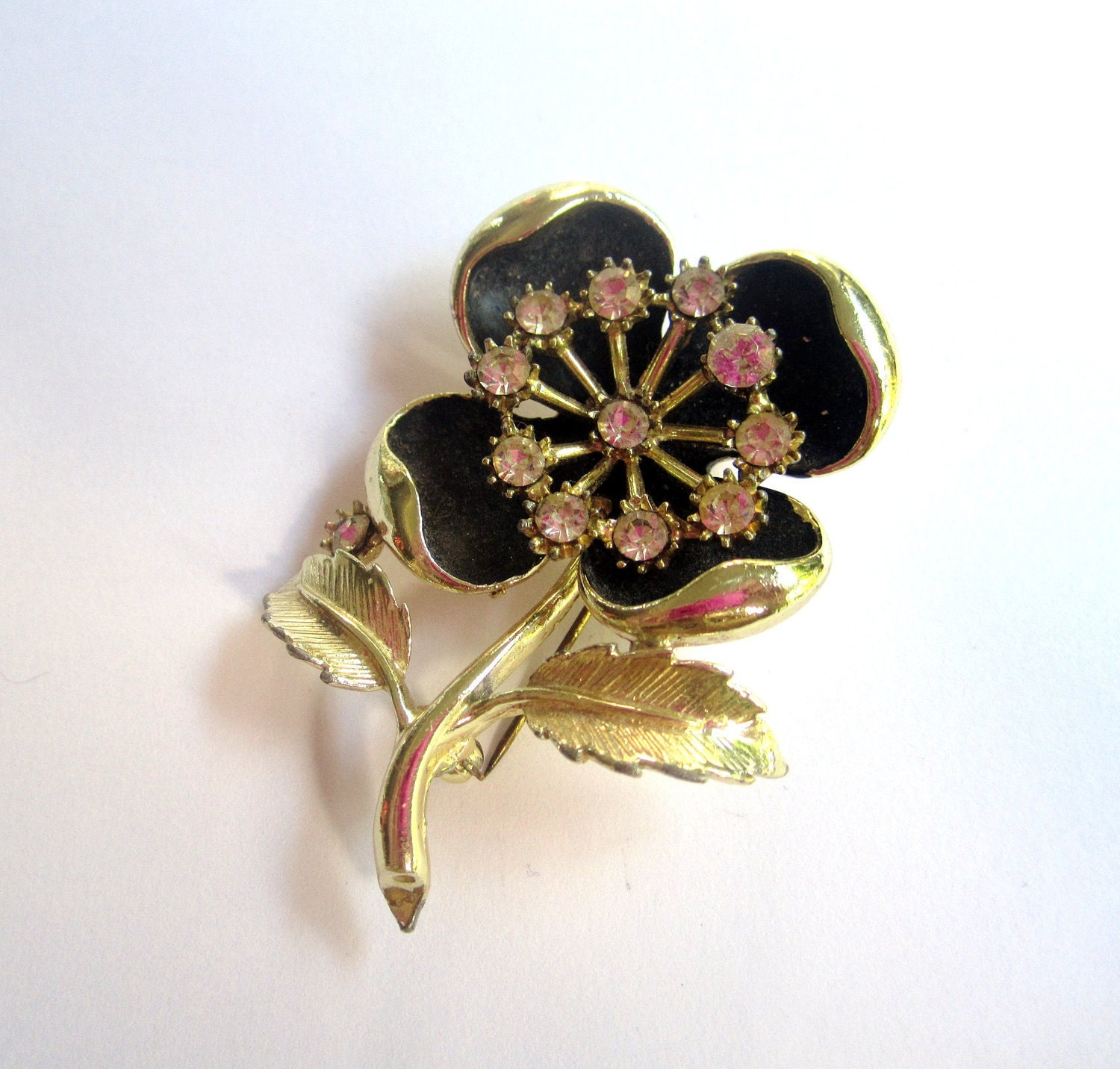 Black Enamel Rhinestone Flower Brooch 1950s Vintage Jewelry