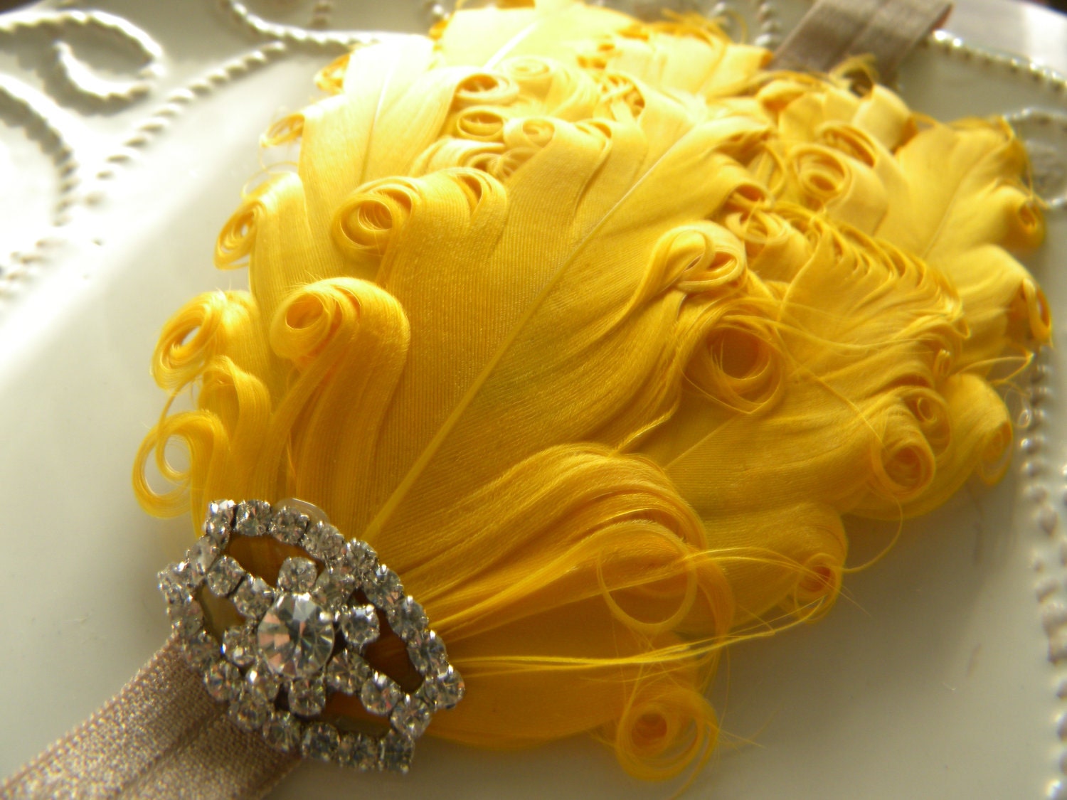 Spring Summer Glam Vintage Inspired  Yellow Circus Feather Headband for Babies, Toddlers and Girls PHOTOGRAPHY PROP