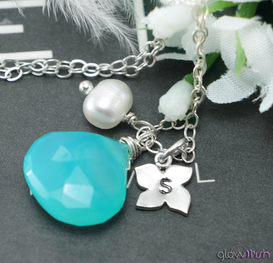 Personalized Necklace, Beach Wedding, Blue Chalcedony and Letter Charm, Hand Stamped, Wedding Jewelry, Wedding Gifts