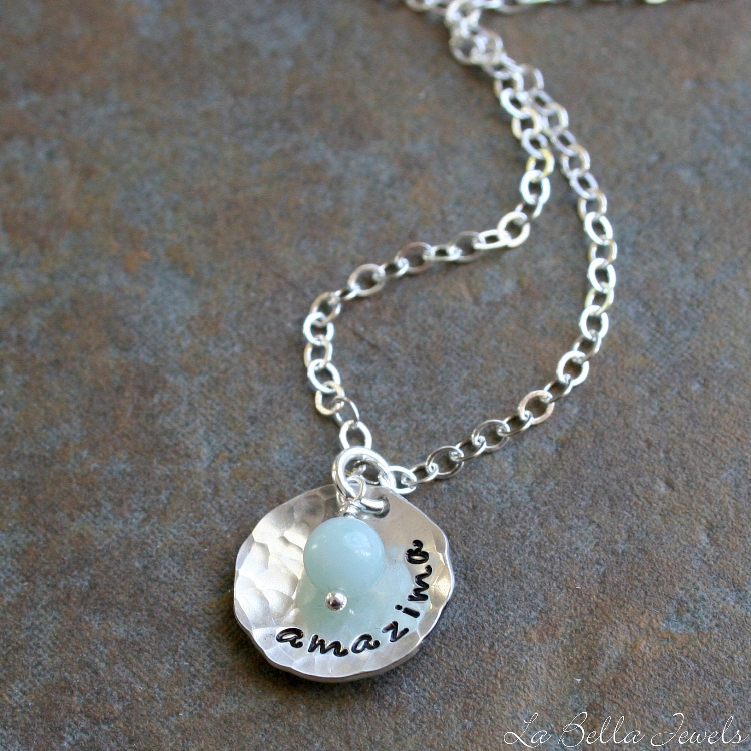 Custom Personalized Hand Stamped Rustic Petite Word of the Year Necklace with Amazonite