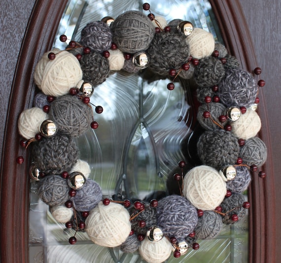 Christmas Yarn Ball Wreath, 14 inches, in grays/neutrals, MADE TO ORDER