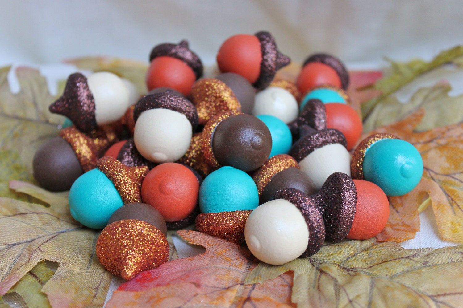 Acorn Bowl Fillers, Fall Set of 32 in Rusty Orange, Teal Blue, Chocolate Brown and Cream