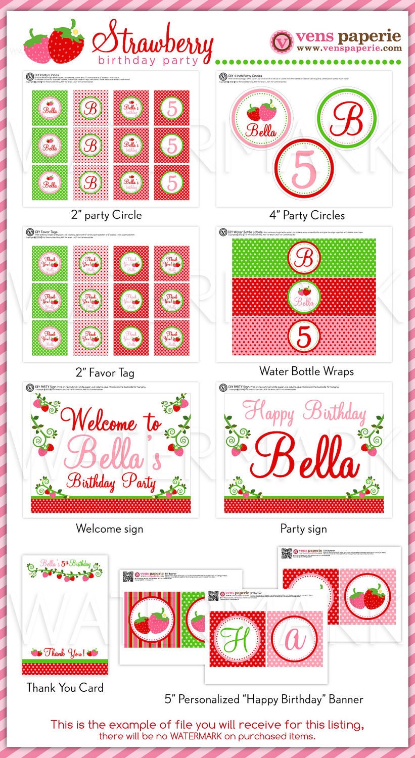 Special Price - Red Pink Berry Strawberry Birthday Party Package Personalized FULL Collection Set - PRINTABLE DIY - PS803CA1x