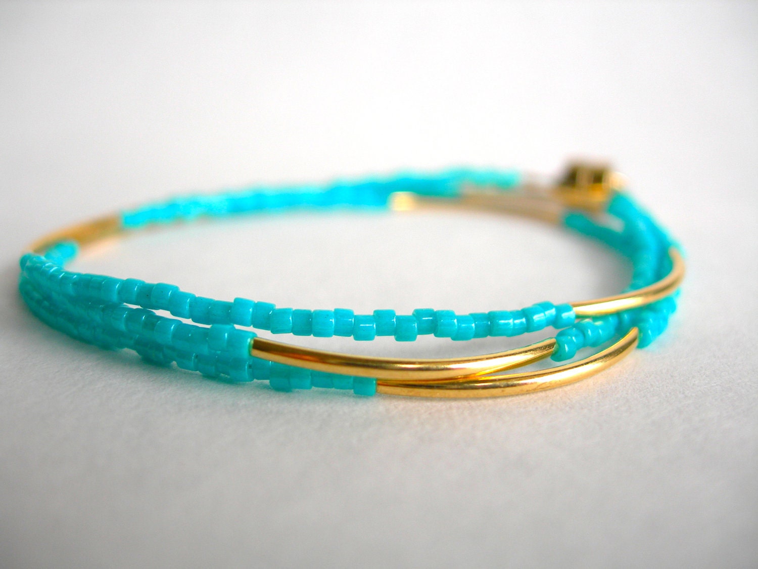 Christmas in July, Tiny Beaded Bracelet in Turquoise and Gold, Friendship Bracelet, Small Delicate Bracelet