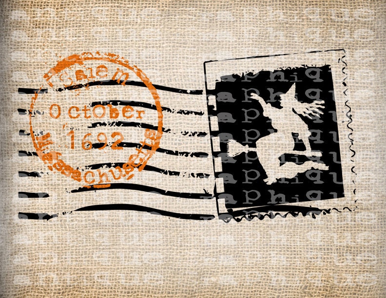 ANtiQue ORANGE Black Salem Mass Witch Halloween Postmark Post Illustration Digital Download for Papercrafts, Transfer, Pillows, etc No 3827