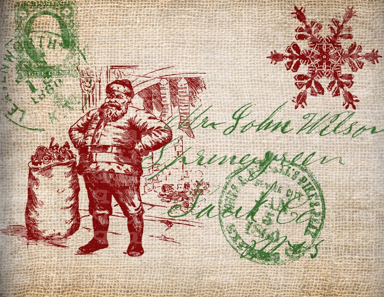 Antique RED GREEN Ornate Christmas Santa Postcard Holiday Digital Download for Papercrafts, Transfer, Pillows, etc Burlap No. 5027